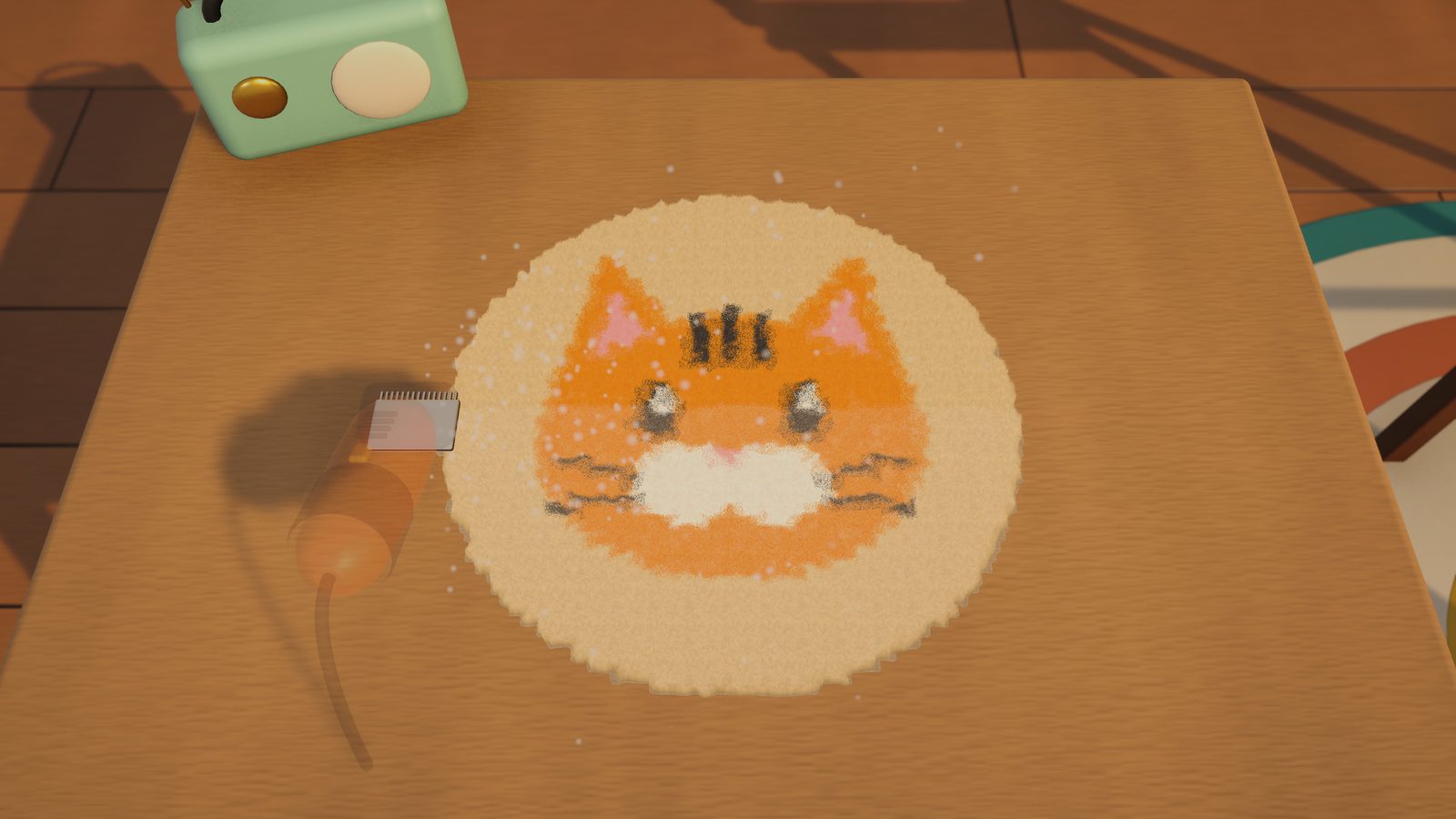 Shaving a ginger cat rug with fluff flying