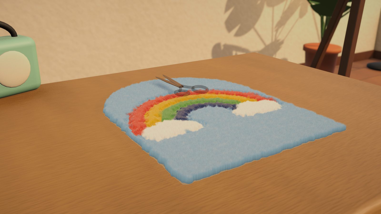 A finished rainbow rug with carving scissors