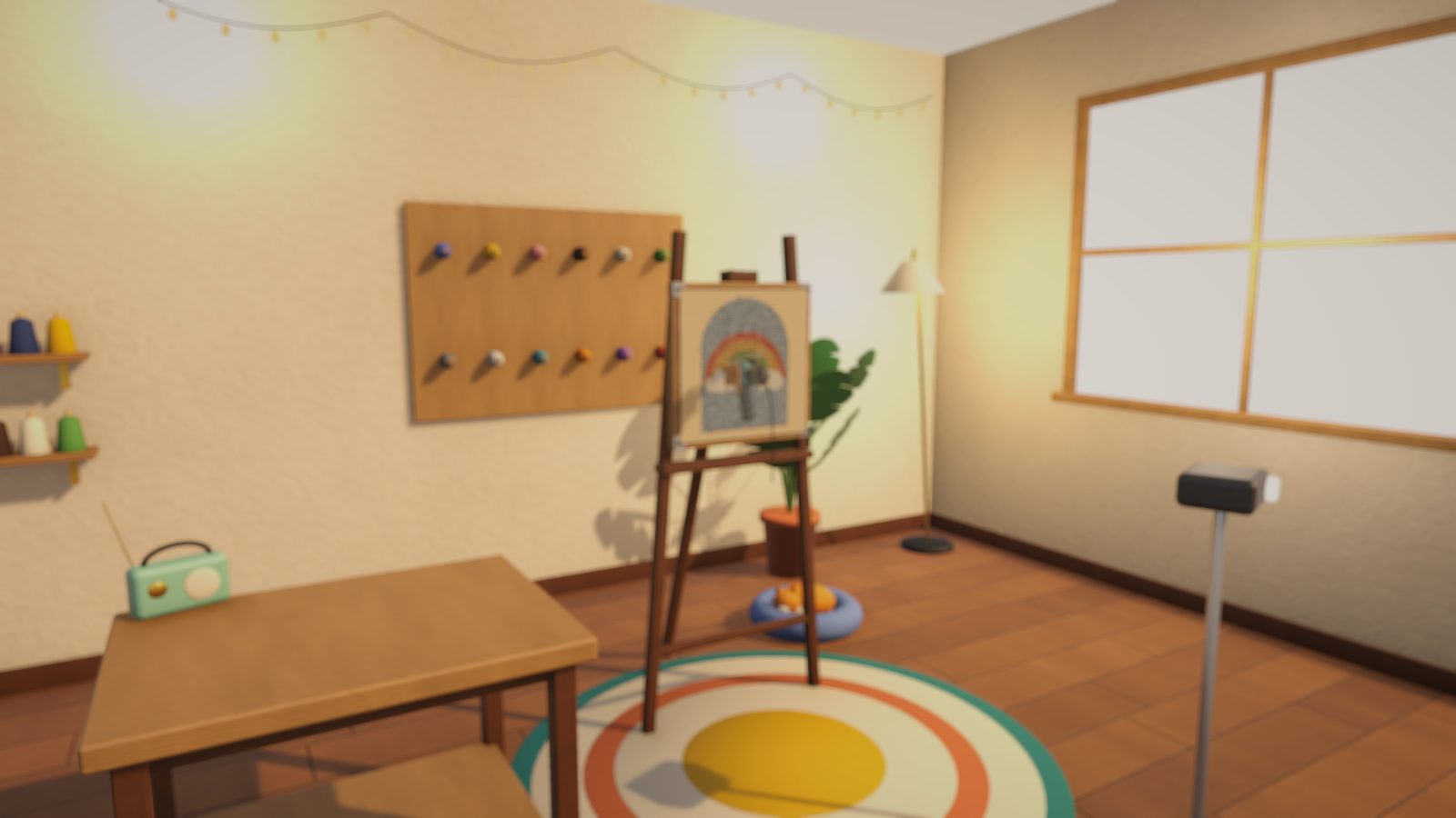 The studio with plants, lamps and a yarn shelf