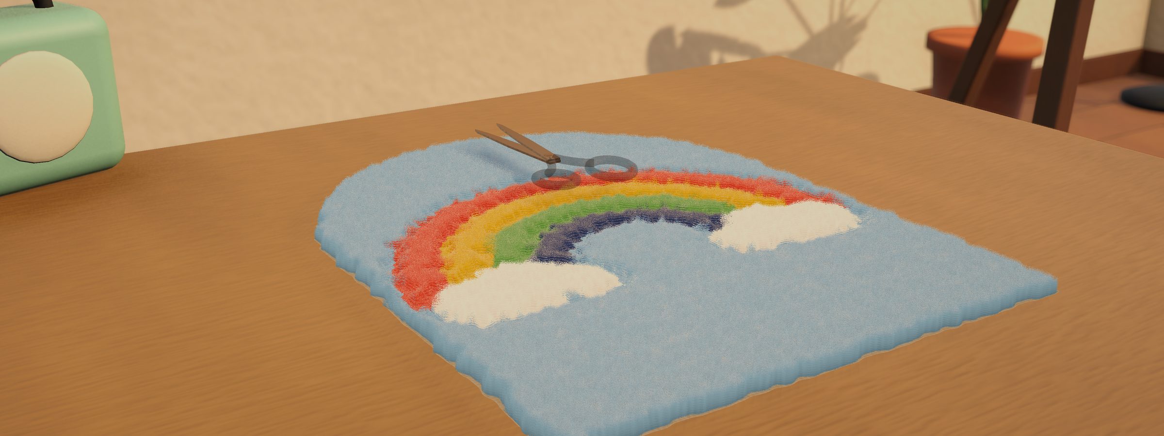 A finished rainbow rug on the studio table with carving scissors